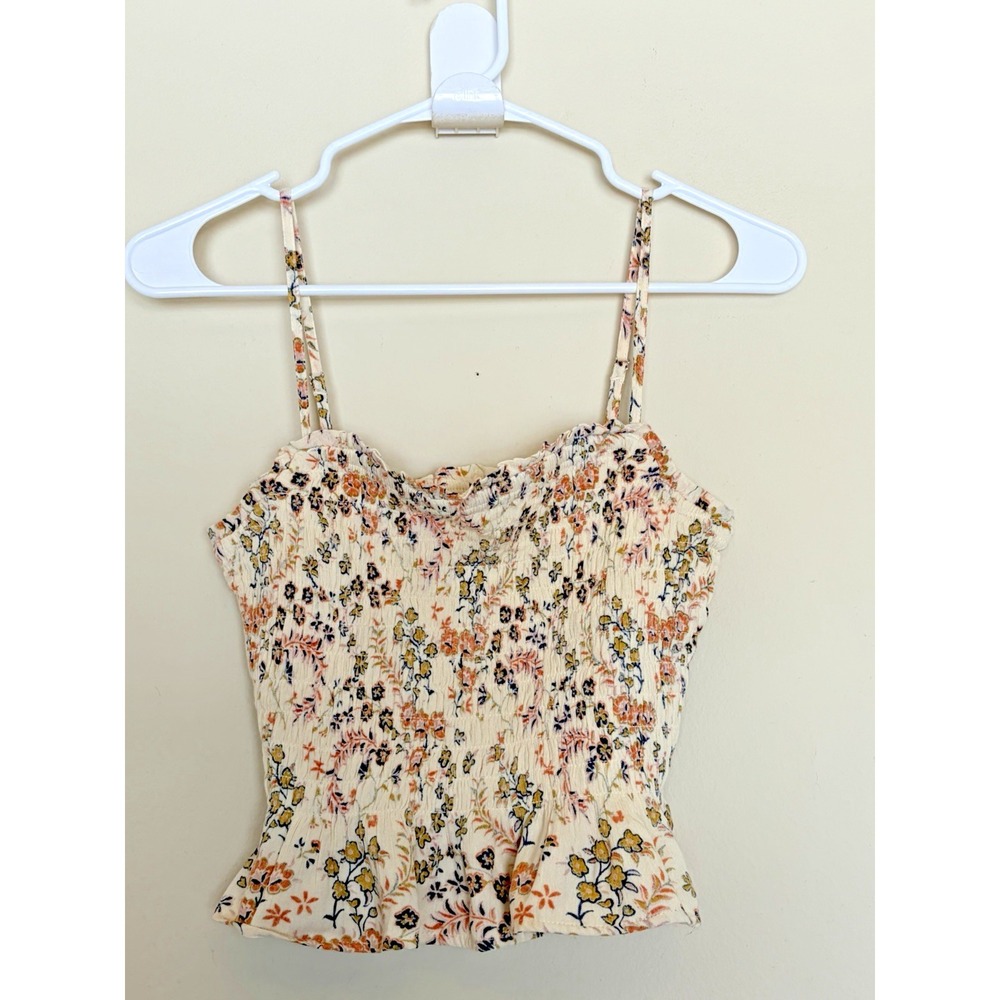 Sisstrevolution Ivory Floral Flower Smocked Ruffle Tank Top Crop Shirt Womens XS